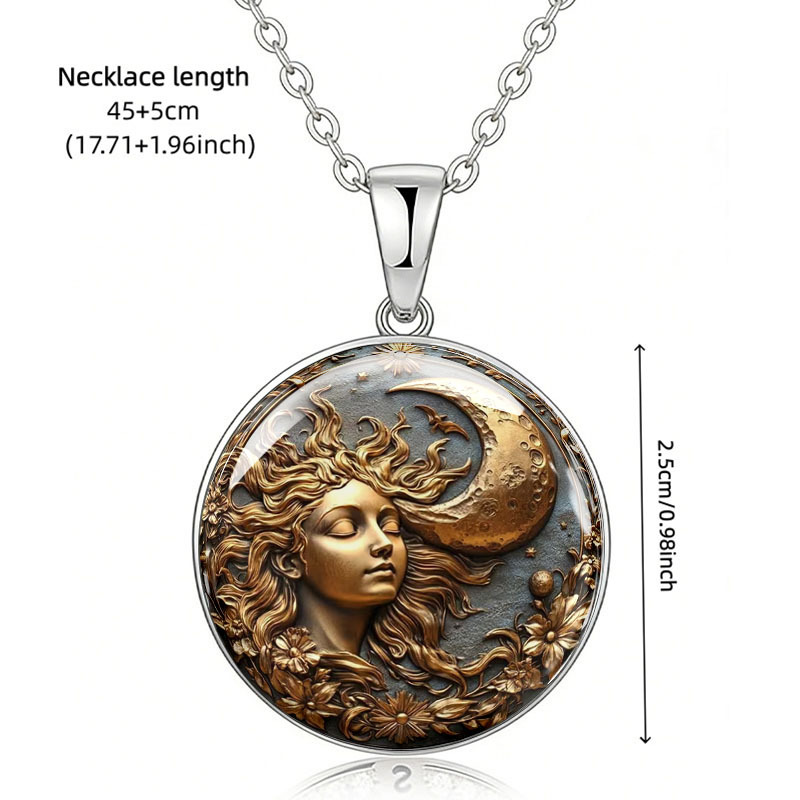 Retro Sun Goddess and Crescent Pendant Necklace